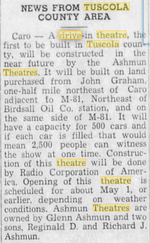 Tuscola Drive-In Theatre - 10 Feb 1950 Article (newer photo)